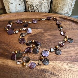 Vintage Brown Shell & Beads Purple Undertones Necklace Silver-tone Links